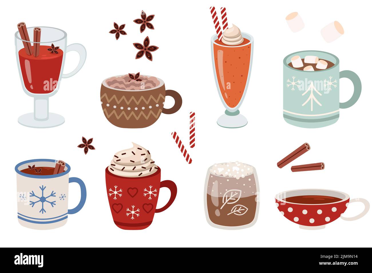 Tazze con caldo inverno bevande flat vettoriale set illustrazioni. Tazze di cioccolata calda o cioccolato, caffè con panna montata e marshmallows su fondo bianco Illustrazione Vettoriale