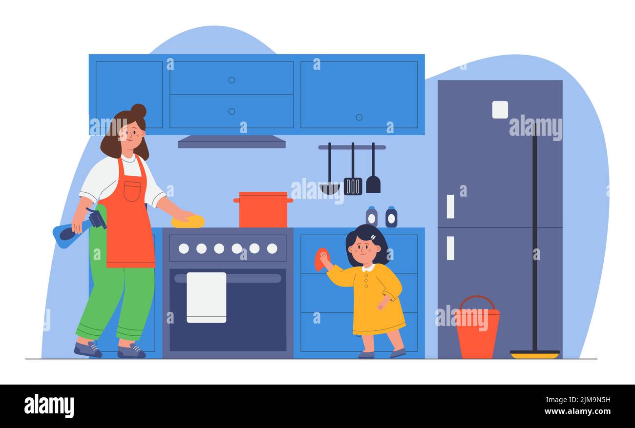 Madre e figlia pulizia cucina piano vettore illustrazione. Bambino piccolo che aiuta il genitore, pulendo la polvere con il mop. Donna stufa di pulizia con detergenti a Illustrazione Vettoriale