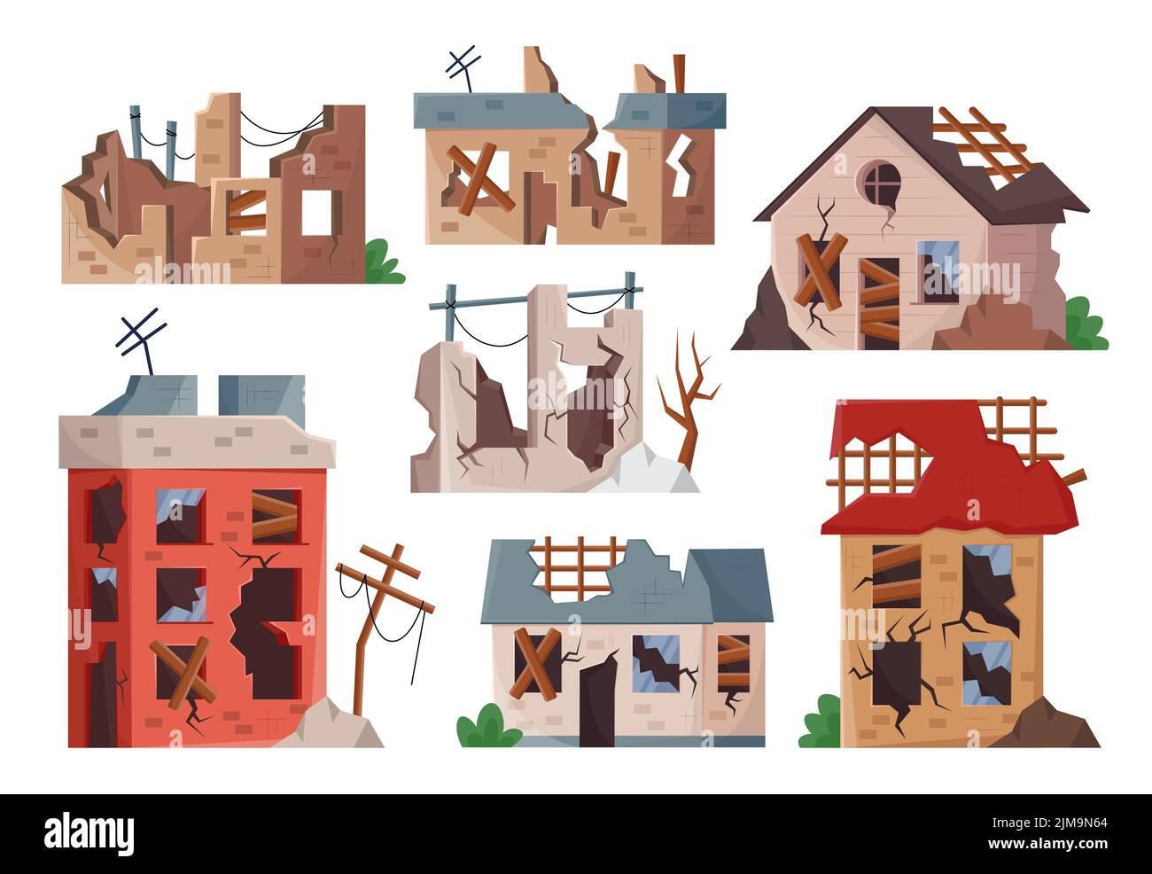 Vecchi edifici rotti set. Illustrazioni vettoriali di case distrutte dopo la guerra, apocalisse o terremoto. Cartoon abbandonato proprietà sporca in cattive condizioni Illustrazione Vettoriale