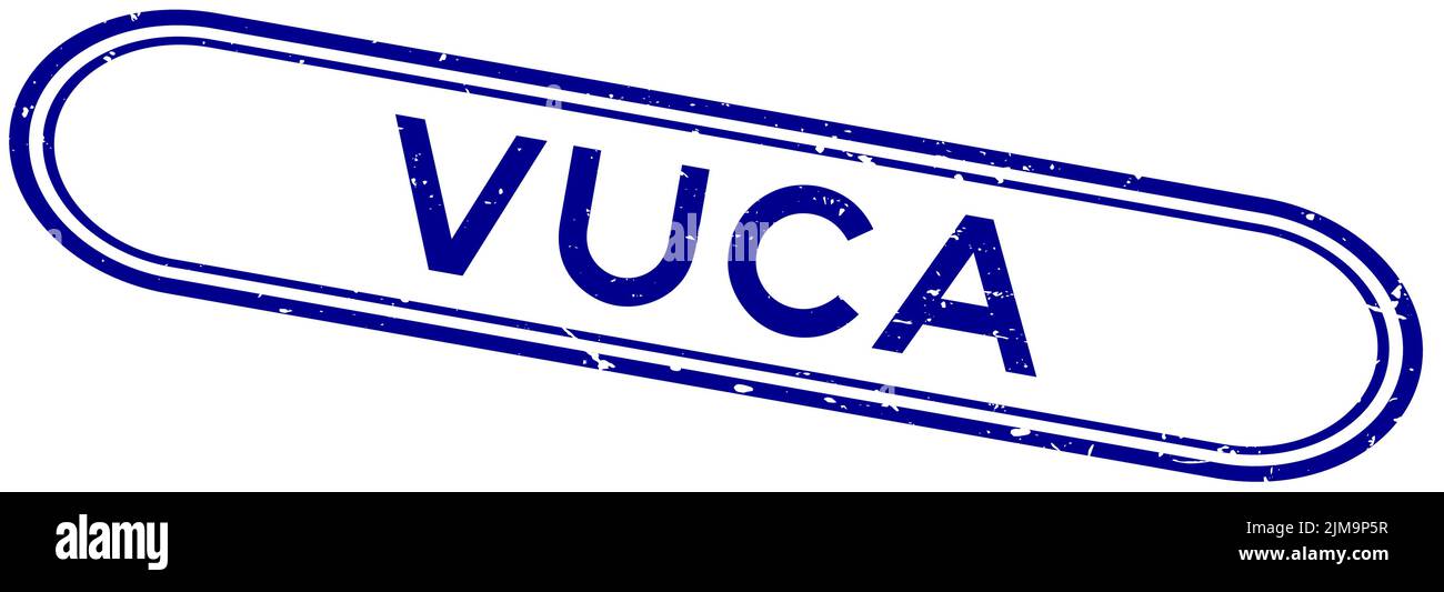 Grunge blu VUCA (abbreviazione di volatilità, incertezza, complessità e ambiguità) parola gomma sigillo timbro su sfondo bianco Illustrazione Vettoriale