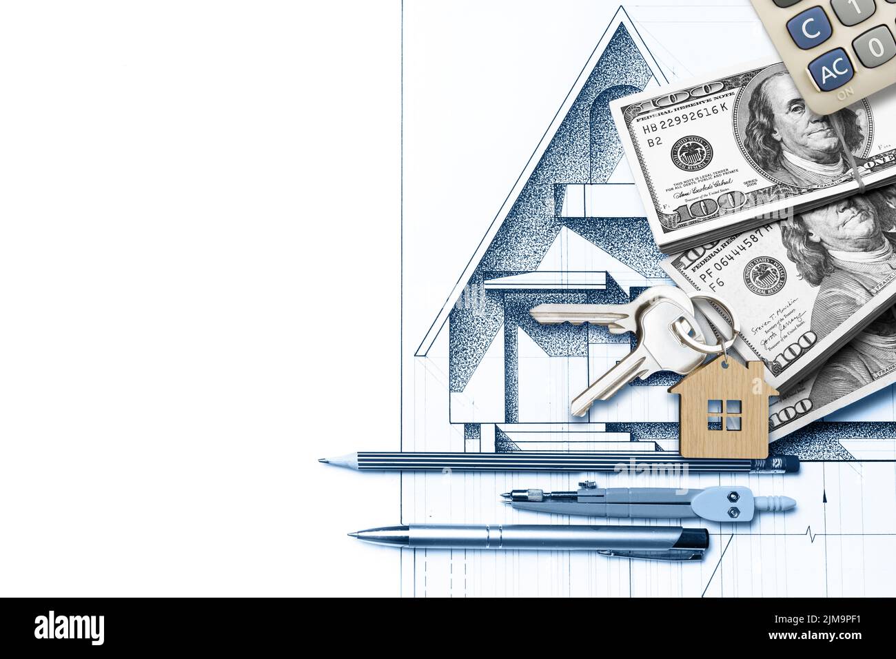 Programma della casa futura con i pacchetti delle fatture del dollaro e delle chiavi della casa Foto Stock
