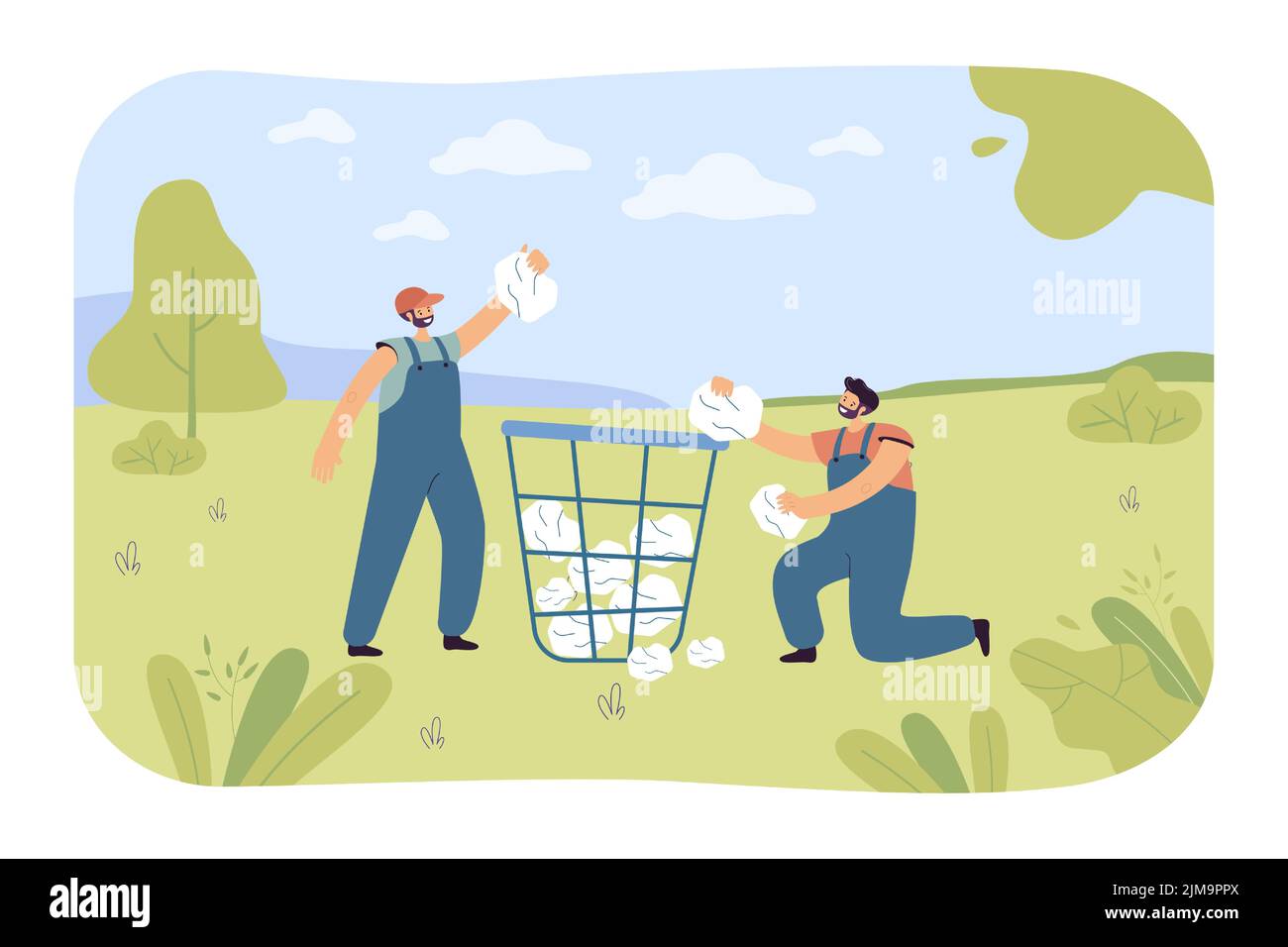 Uomini che raccolgono la carta in contenitore rifiuti illustrazione vettoriale piatta. Lavoratori in uniforme raccogliere rifiuti per il riciclaggio in prato. Concetto di smistamento dei rifiuti Illustrazione Vettoriale