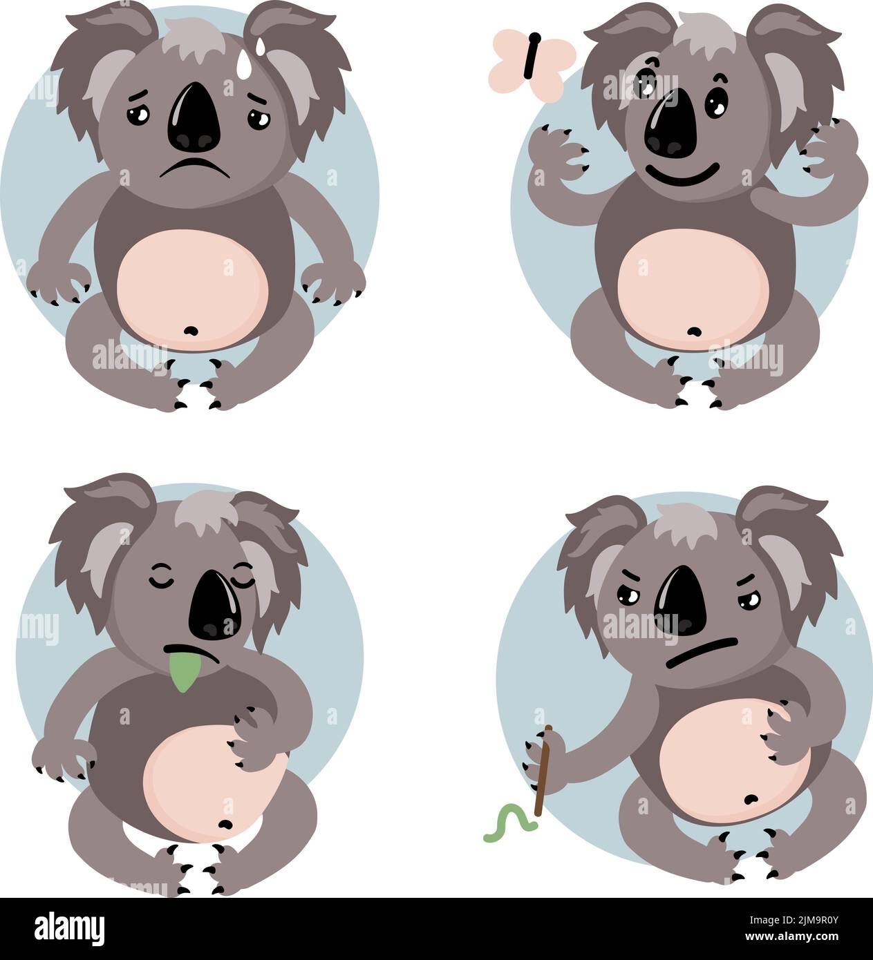 Set di divertente personaggio koala cartoon che è triste e arrabbiato, cattura farfalla, dormire Illustrazione Vettoriale
