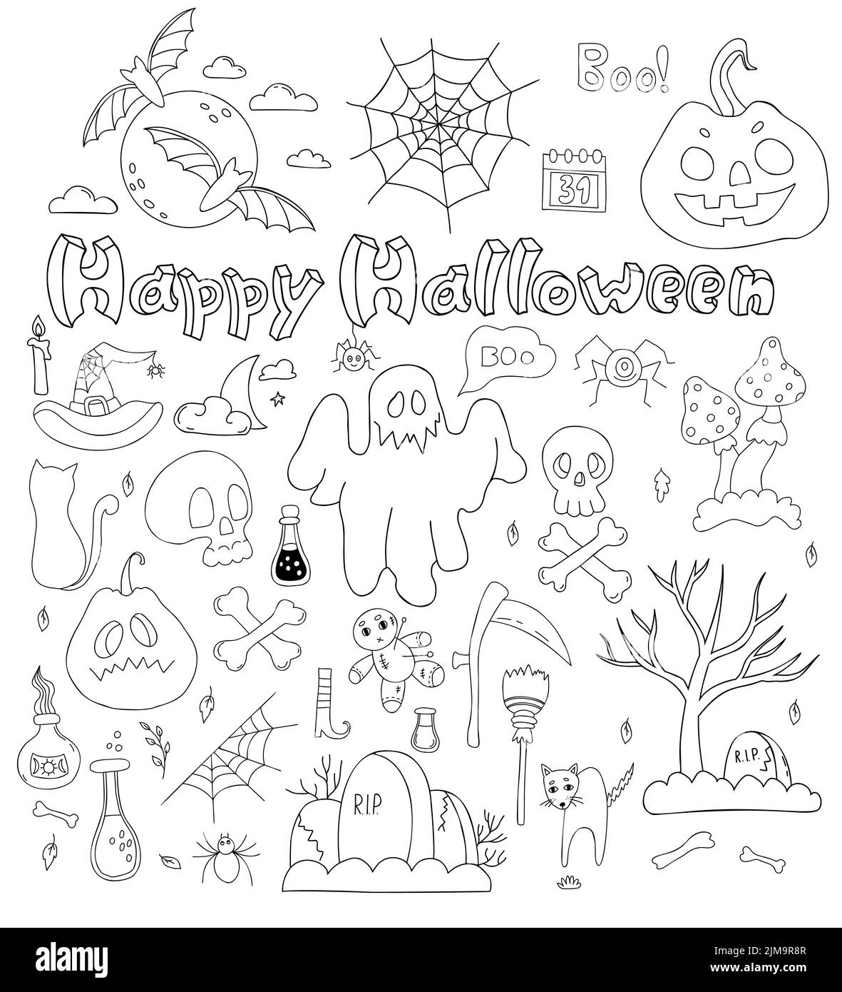 Grande set di doodles Halloween felice. Jack zucca, fantasma, pipistrello e cranio e ossa incrociate, cimitero, tomba, agarico mosca e pozione streghe. Vettore isolato Illustrazione Vettoriale
