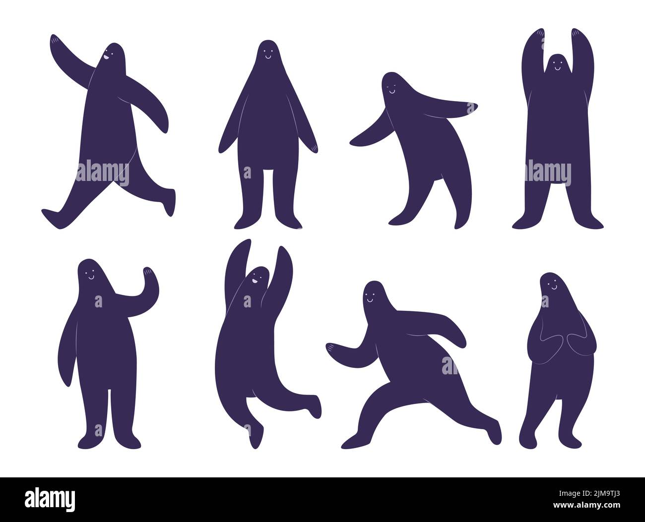 Strane creature in diverse pose cartoon set di illustrazione. Figure blu scuro di uomo o persona su sfondo bianco. Gente carina che corre, balla, Illustrazione Vettoriale