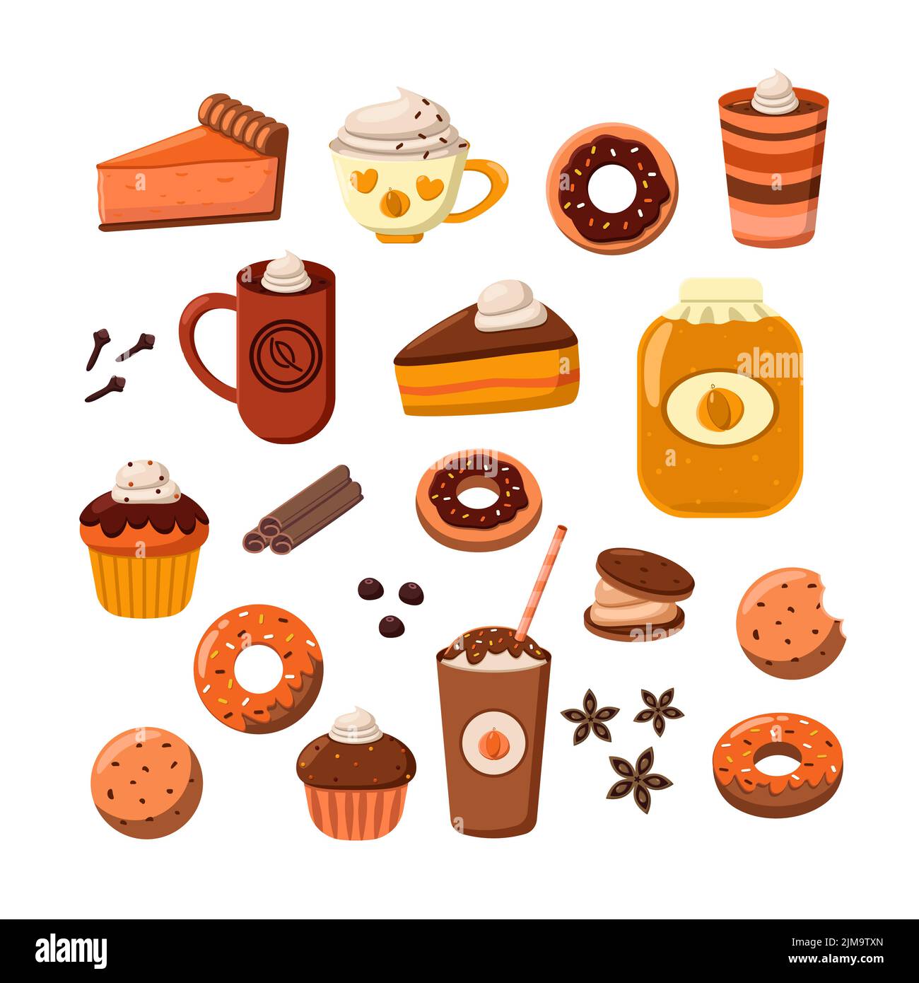 Gustosi dessert e caffè cartoon set illustrazione. Torta di zucca e cioccolato, ciambelle e muffin. Frittura calda, autunno e Halloween bevande con spezie è Illustrazione Vettoriale