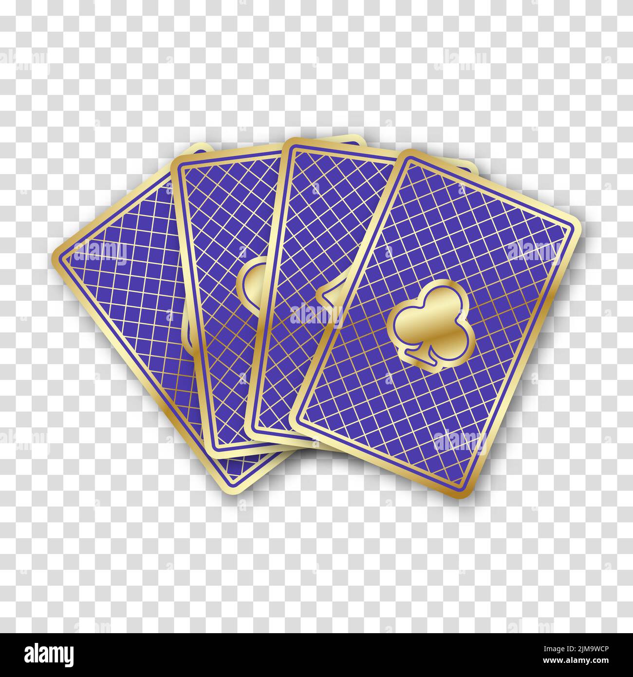 Fan quattro carte da gioco colorate. Le carte sul retro sono viola o lilla. Illustrazione vettoriale su sfondo trasparente. Illustrazione Vettoriale