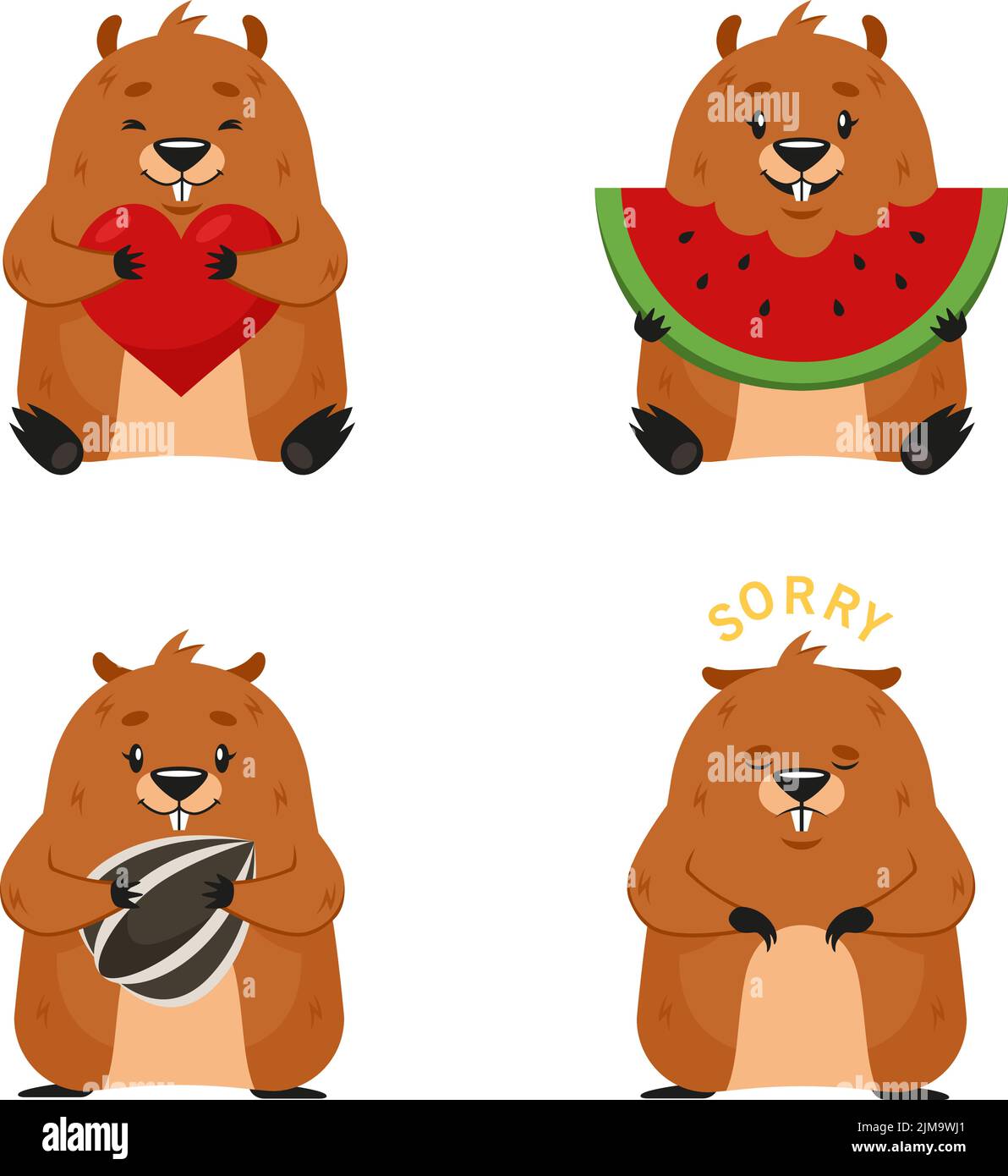 Set di carino personaggio cartoon beaver mangiare cocomero e noci, scusarsi e tenere il cuore Illustrazione Vettoriale