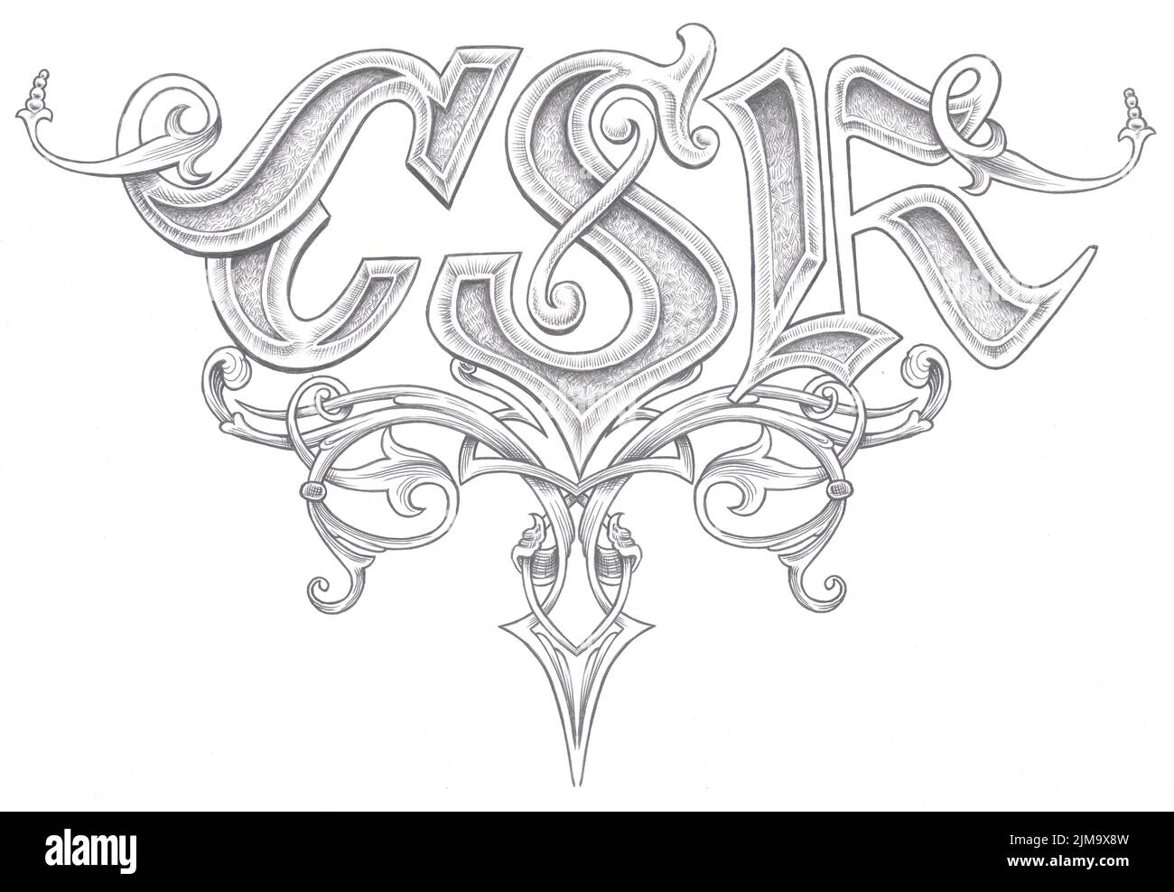 Uno schizzo di lettere CSK su sfondo bianco. Idee creative di tatuaggio Foto Stock