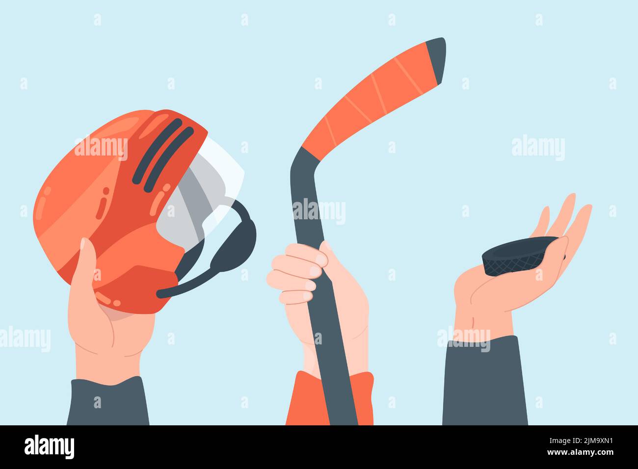 Casco, puck e bastone da hockey in mano disegno vettoriale piatto. Uniforme e articoli per hockey professionale. Concetto di gioco sportivo Illustrazione Vettoriale