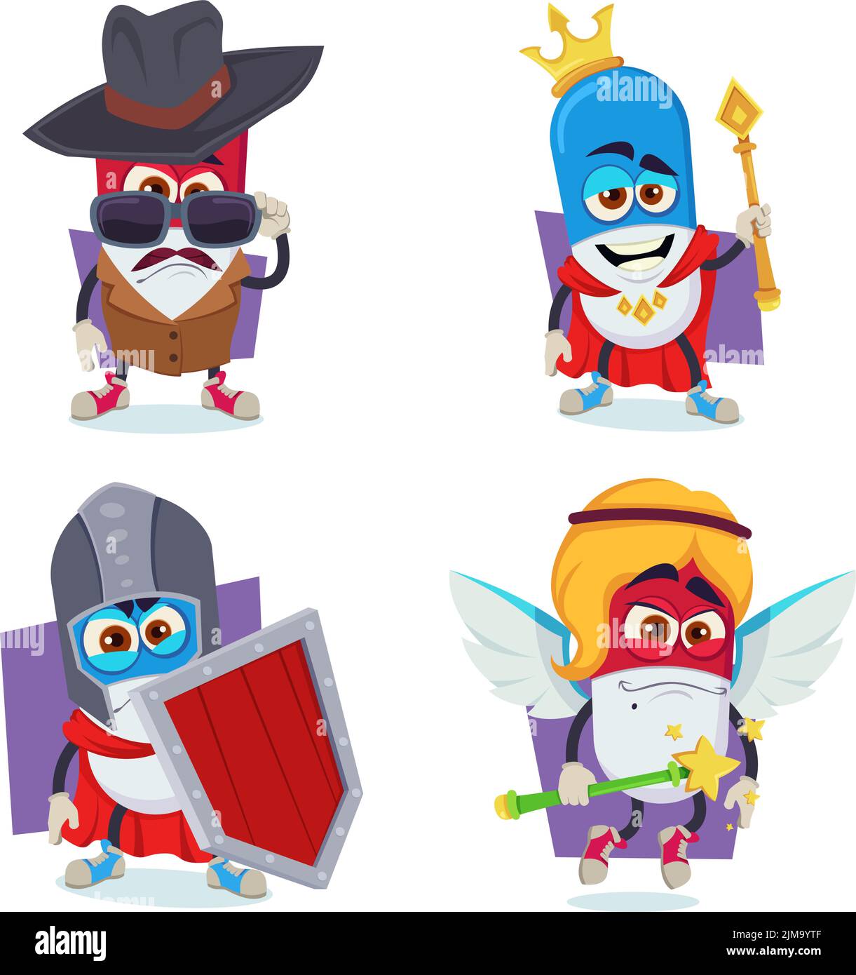 Set di personaggi disegnati a mano con pillola cartoon che indossano costumi detective, king, cavaliere, fata Illustrazione Vettoriale