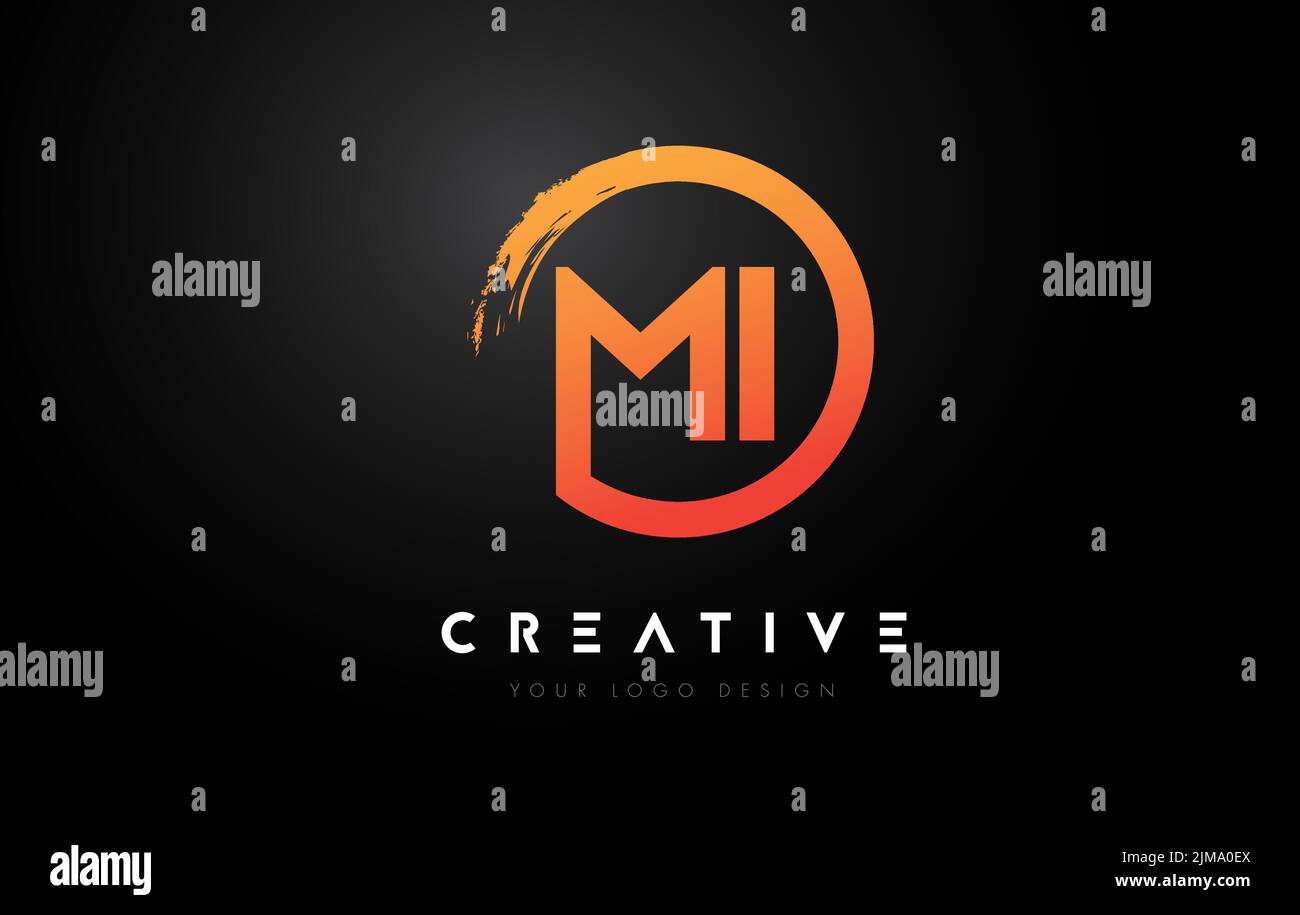 Logo circolare arancione MI con pennello circolare e sfondo nero. Illustrazione Vettoriale