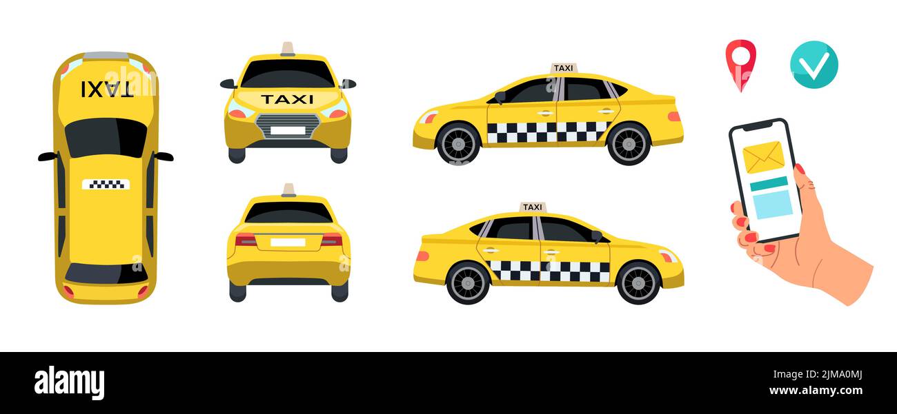 Set di illustrazioni vettoriali degli elementi del servizio taxi. Taxi Cab vista superiore, laterale, posteriore e anteriore, contrassegni di posizione, telefono di supporto, auto gialla isolato su wh Illustrazione Vettoriale