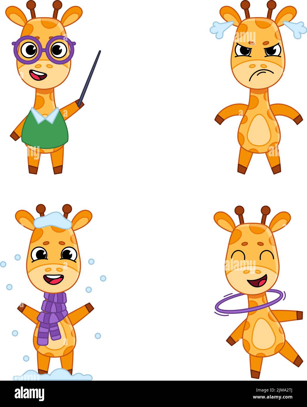 Set di simpatiche giraffe disegnate a mano che tengono il puntino, arrabbiato, giocando con la neve, girando l'hula sul collo Illustrazione Vettoriale