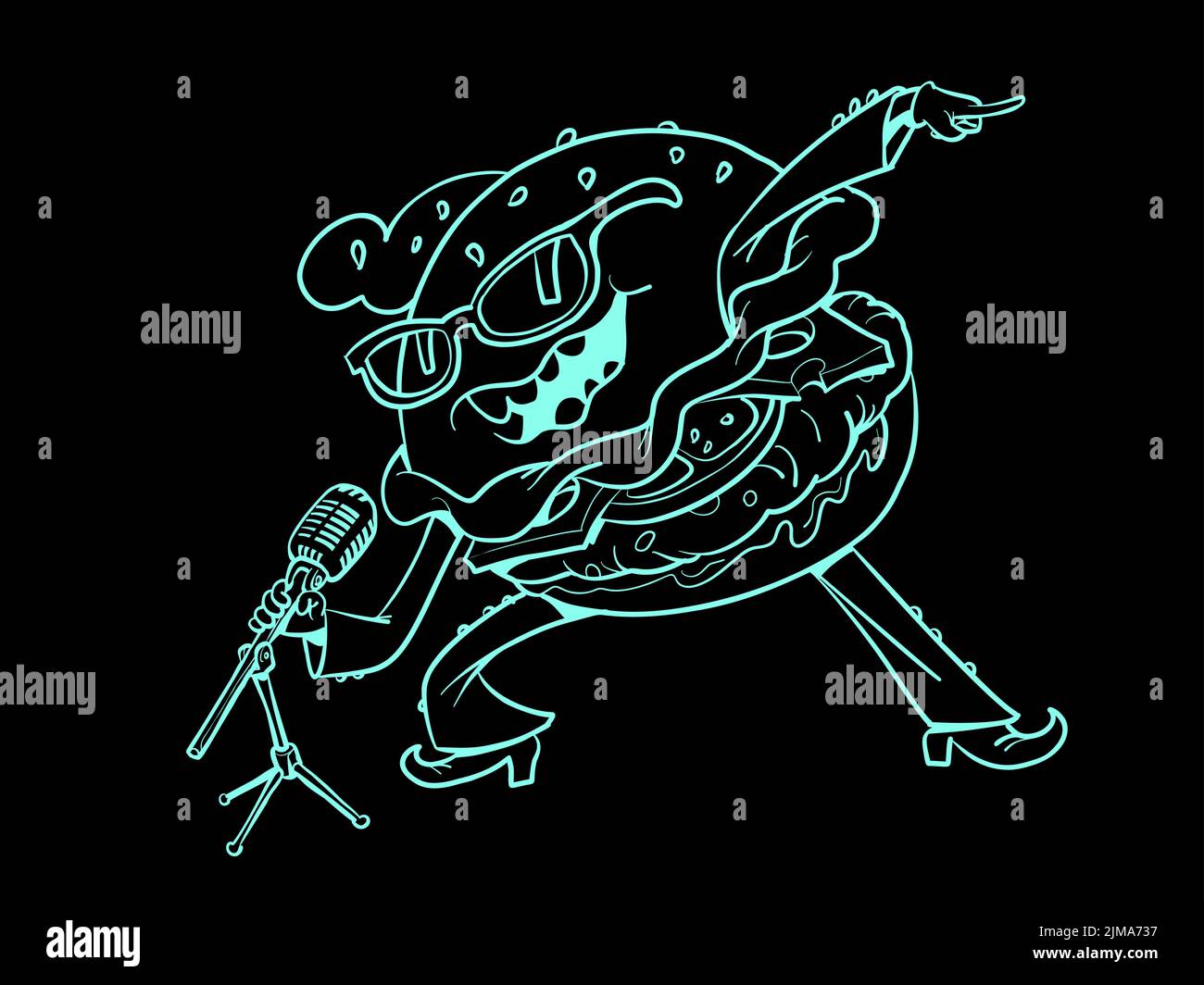 Fast food Burger canta sul palco, cantante d'artista. Musica e cibo Illustrazione Vettoriale