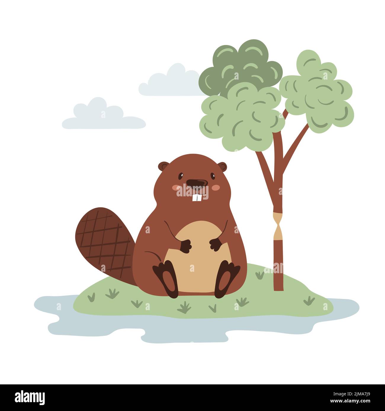 Carino castoro cartoon e albero. Illustrazione vettoriale. Illustrazione Vettoriale