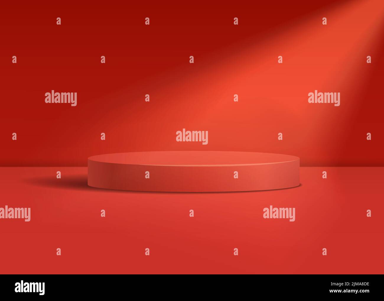 Podio con piedistallo a cilindro rosso. Rendering vettoriale realistico a 3D forme. Camera studio con podio e faretto a muro minimale Illustrazione Vettoriale