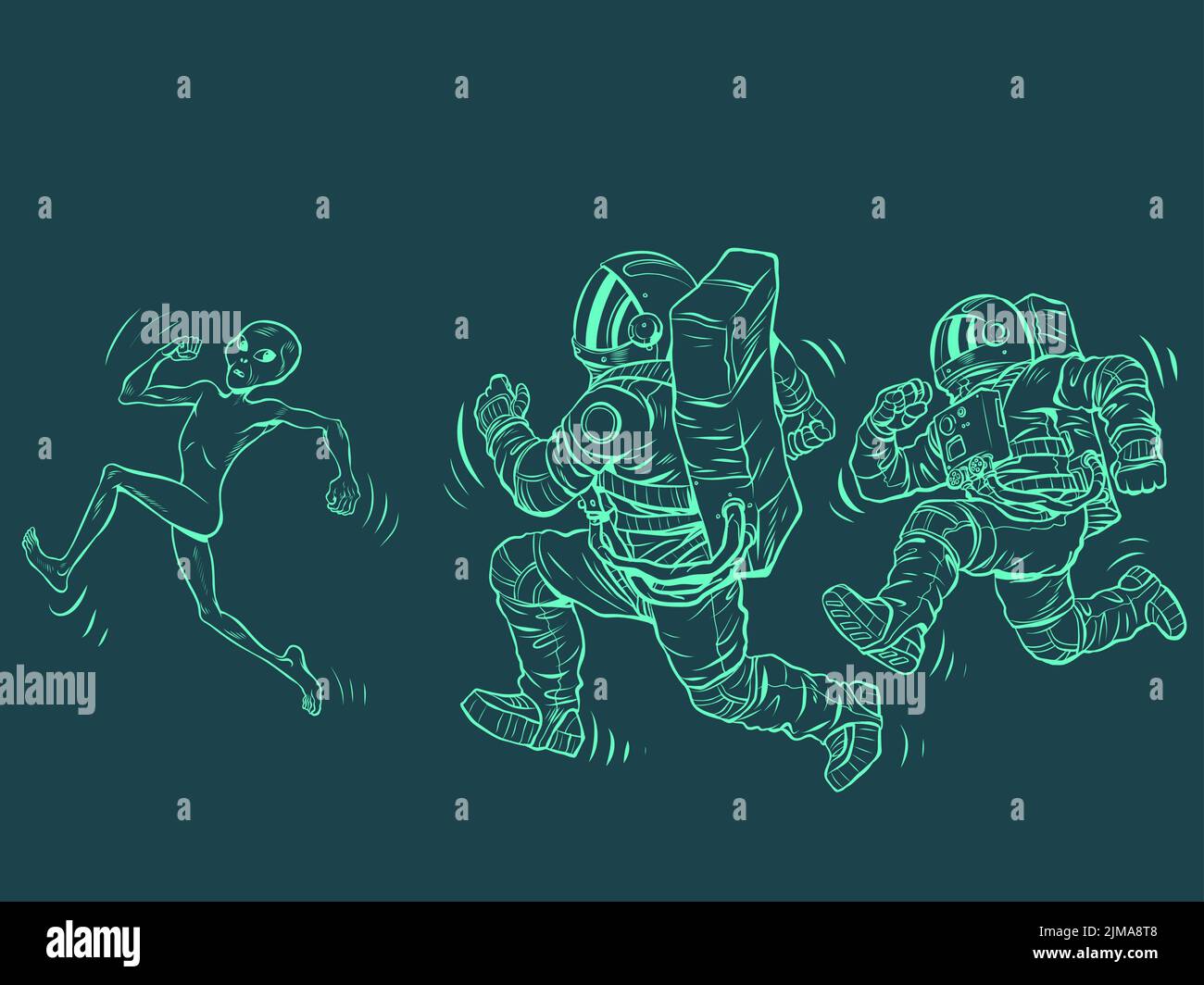 Gli astronauti stanno correndo dopo l'alieno. Polizia spaziale Illustrazione Vettoriale