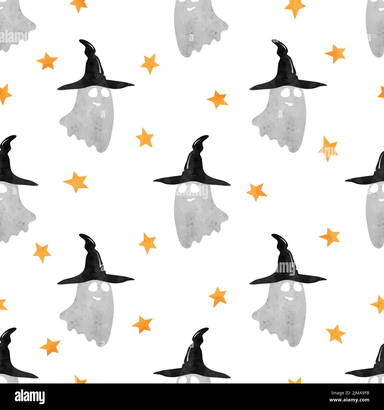 Modello di Halloween con fantasmi carini in cappelli strega. Illustrazione delle festività vettoriali Illustrazione Vettoriale