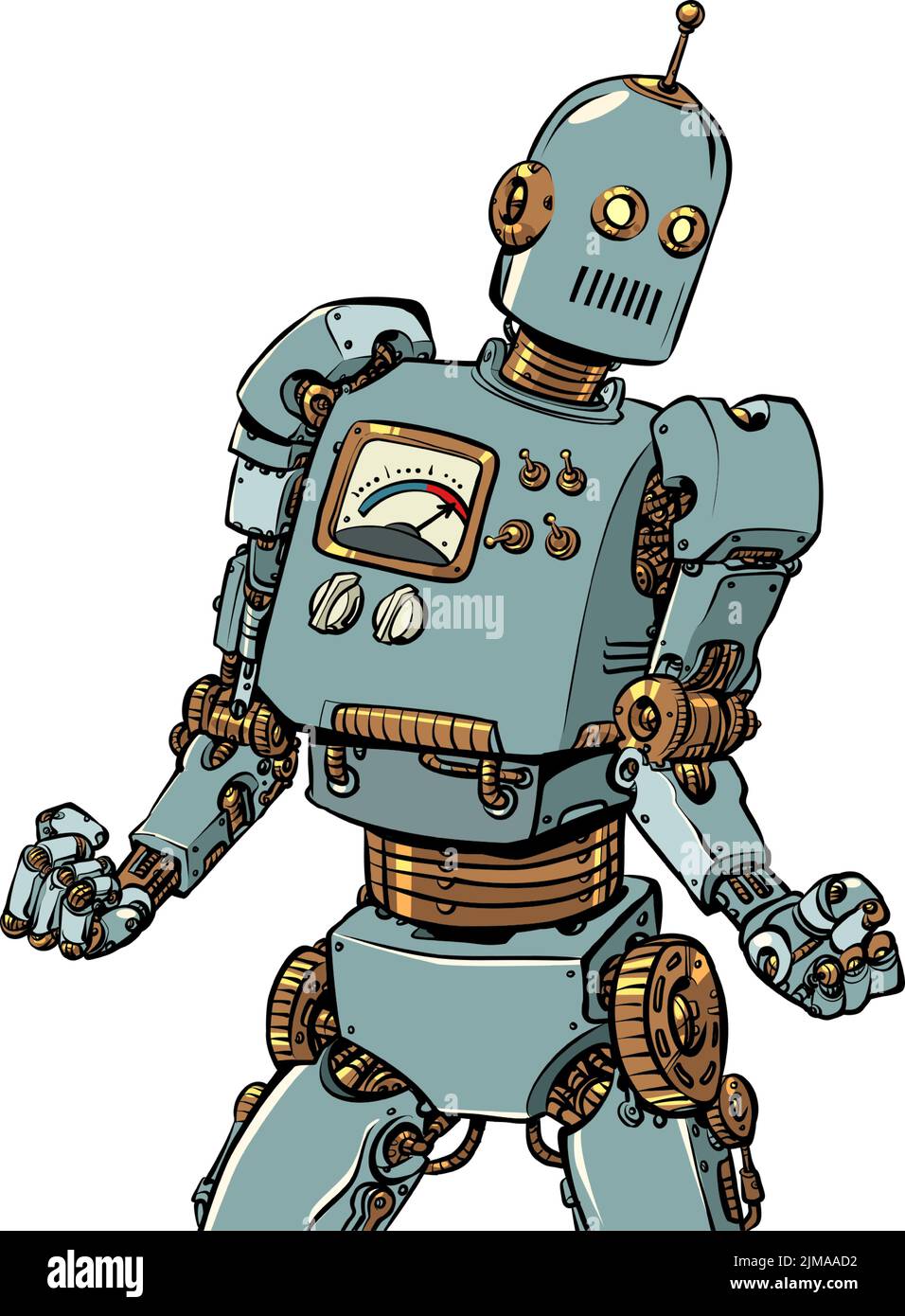robot forte con potenti braccia in posa bodybuilders, intelligenza artificiale, rivoluzione tecnica Illustrazione Vettoriale