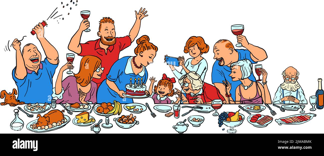 Ragazza figlia nonnaughter compleanno partito, tutta la famiglia al tavolo di festa Illustrazione Vettoriale