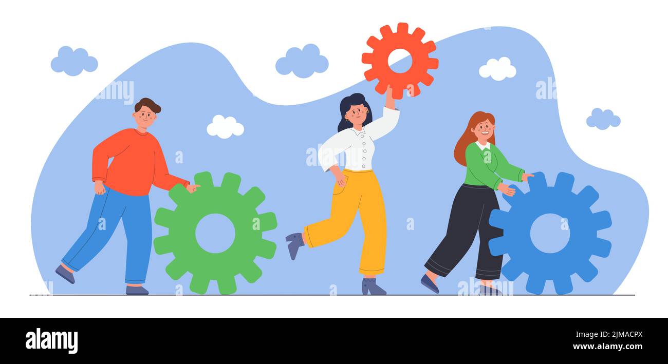 Le persone piccole che muovono le ruote dentate utilizzando le loro abilità e conoscenze. Caratteri maschio e femmina che collegano ruote dentate illustrazione vettoriale piatta. Organizzazione, Illustrazione Vettoriale