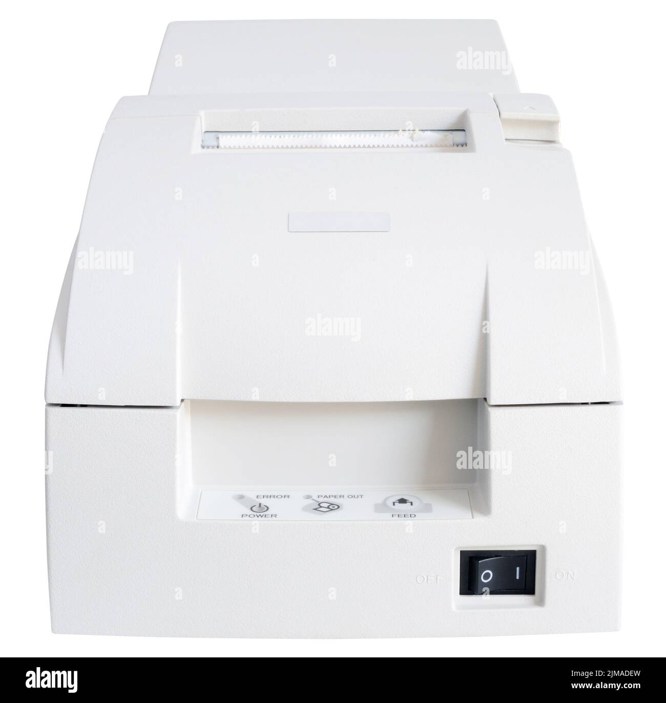 Vista frontale della stampante termica isolata su sfondo bianco Foto Stock