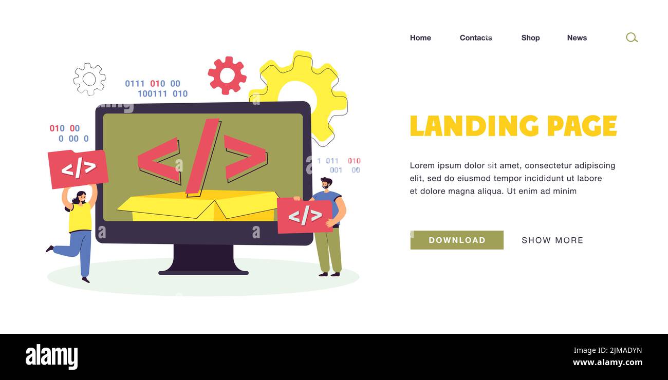 Piccole persone che utilizzano la piattaforma open source. Caratteri contenenti elementi script, illustrazione vettoriale piatta del computer. Software, programmazione, tecnologia conceed Illustrazione Vettoriale