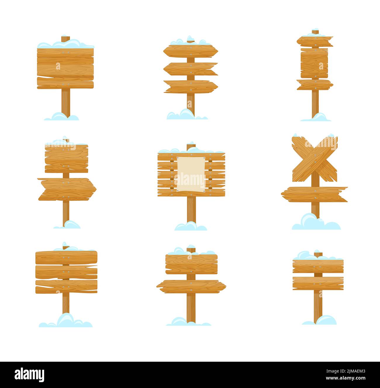 Cartelli in legno con set di illustrazioni cartoni animati da neve. Cartelli stradali vuoti o vuoti, striscioni, cartelloni o puntatori di forme diverse per la pubblicità A. Illustrazione Vettoriale