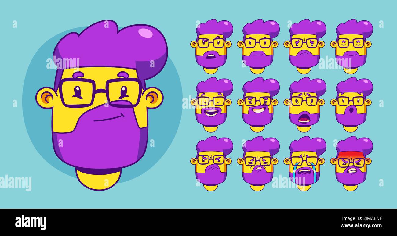Giovane uomo bearded in occhiali cartone animato contemporaneo set. Illustrazione vettoriale del pensiero maschile, flirtare, ridere, sorridere, sorpreso, arrabbiato, sconvolto, piangere emozioni. Carattere per l'animazione Illustrazione Vettoriale