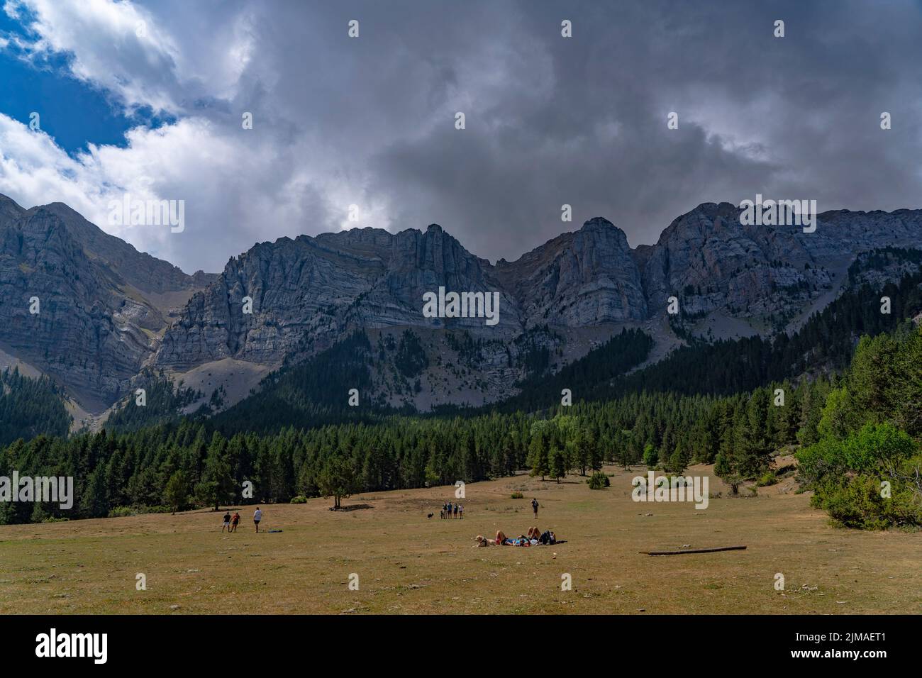 Prat de Cadi, catena montuosa della Serra del Cadí, Catalogna, Spagna, con 500 scogliere alte, che raggiungono quota oltre 2000m. Le montagne si trovano all'interno del Pa Foto Stock