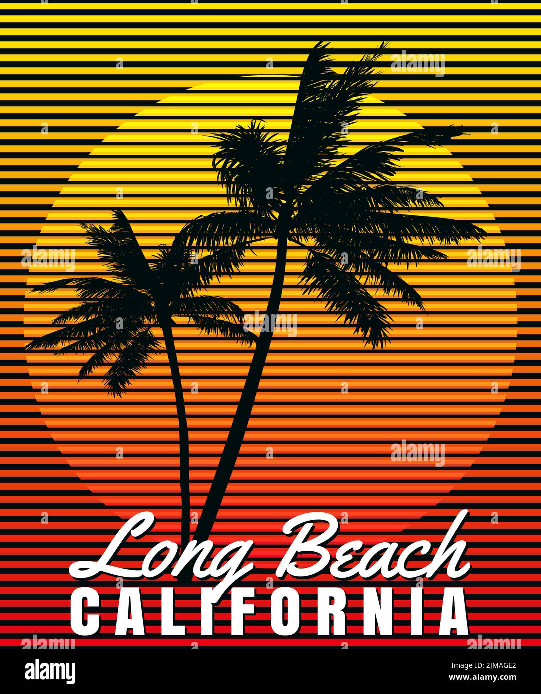 T-shirt California Long Beach con stampa al tramonto. Poster retrò palme silhouette Illustrazione Vettoriale