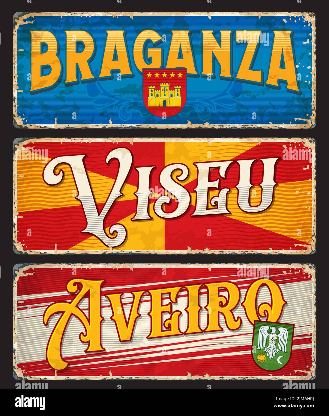 Viseu, Braganza, Aveiro, targhe portoghesi e adesivi da viaggio, etichette vettoriali per bagagli. Portogallo città stagno segni e targhe di viaggio con punti di riferimento, Illustrazione Vettoriale