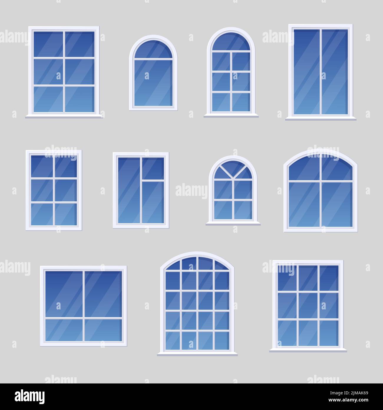 Finestre con cornici bianche diverse impostate. Illustrazioni vettoriali di finestre di vetro blu pulite sulla parete dell'edificio. Cartoon elementi classici di casa exter Illustrazione Vettoriale