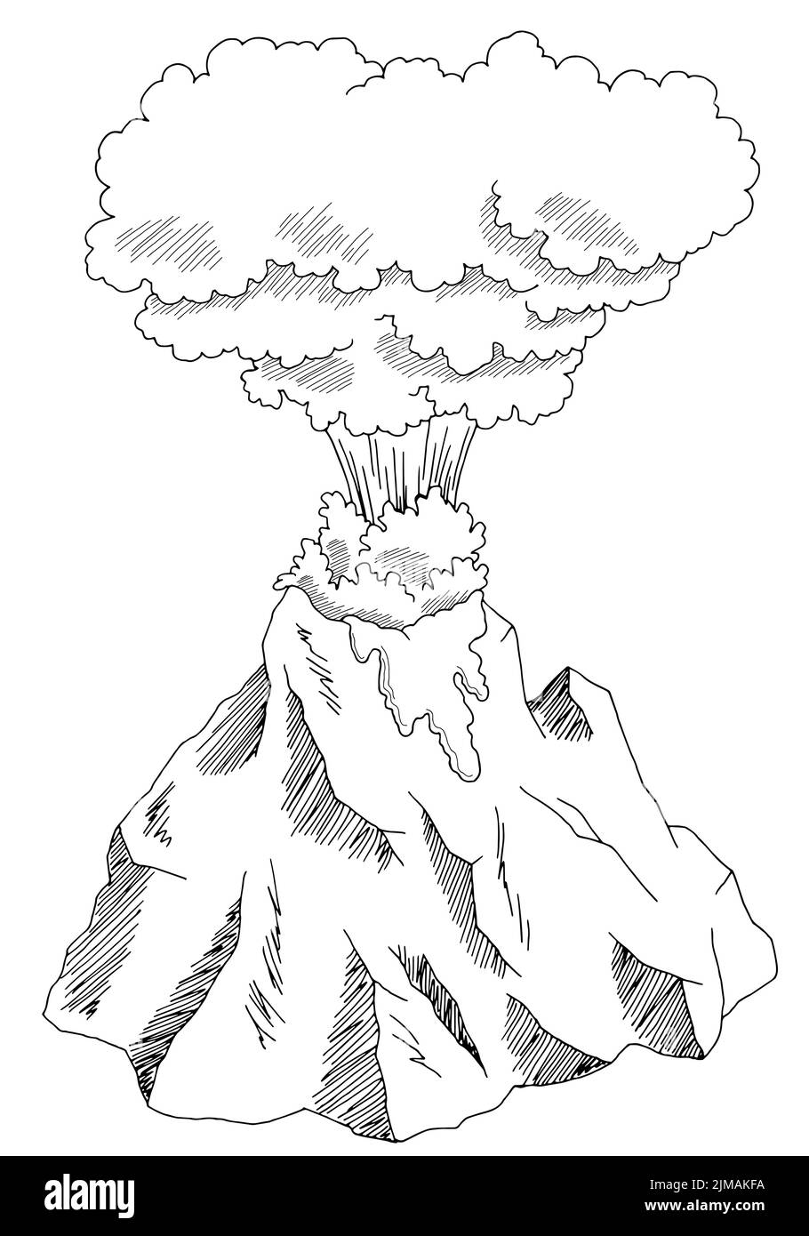 Vulcano isolato eruzione montagna grafico bianco nero schizzo paesaggio illustrazione vettore Illustrazione Vettoriale