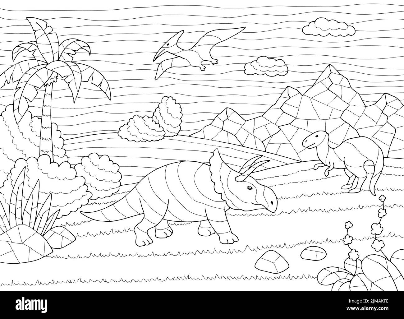 Dinosauro colorazione paesaggio grafico bianco nero disegno vettore illustrazione Illustrazione Vettoriale