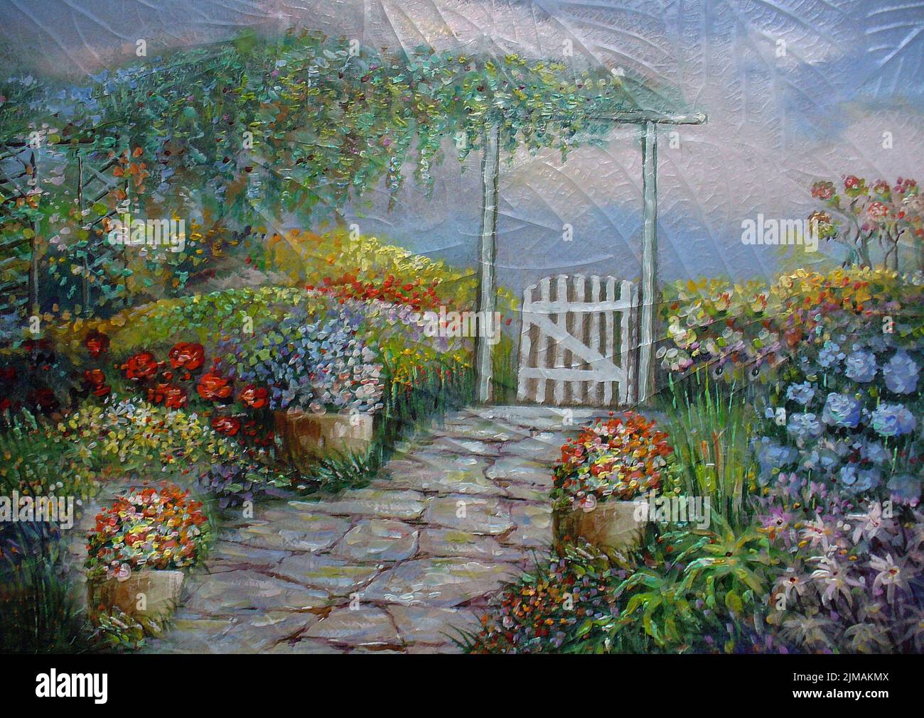 Percorso di pittura ad olio con alberi e fiori in giardino Foto Stock