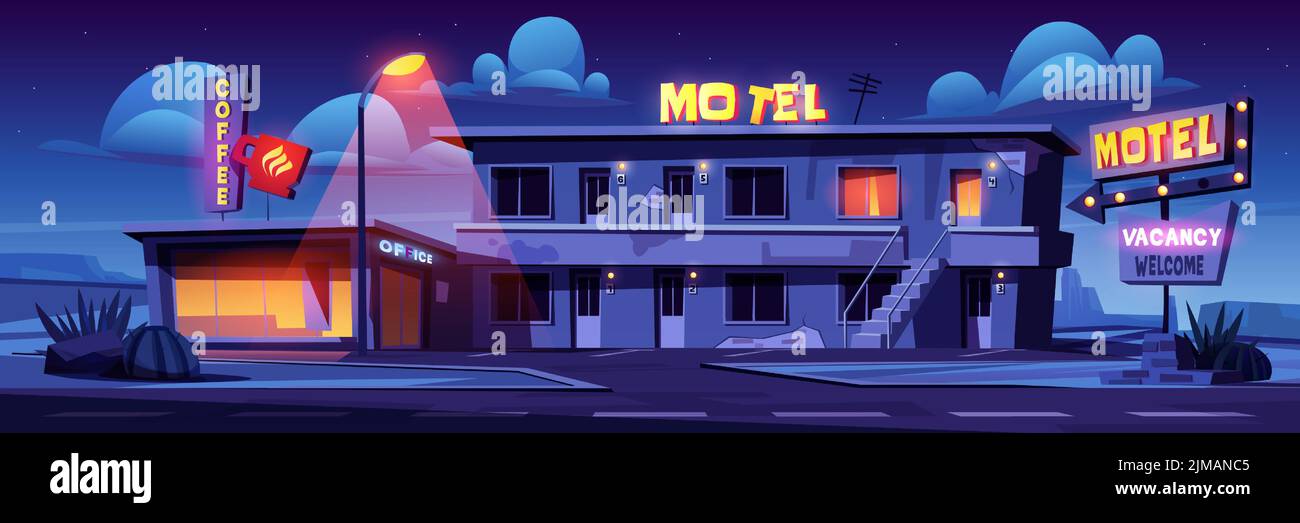 Motel di notte sul lato strada dell'autostrada, vecchia facciata dell'edificio con un cartello stradale illuminato e un piccolo cafe nell'area del deserto. Sistemazione per i viaggiatori in auto, servizio turistico 24 ore, illustrazione vettoriale Cartoon. Illustrazione Vettoriale