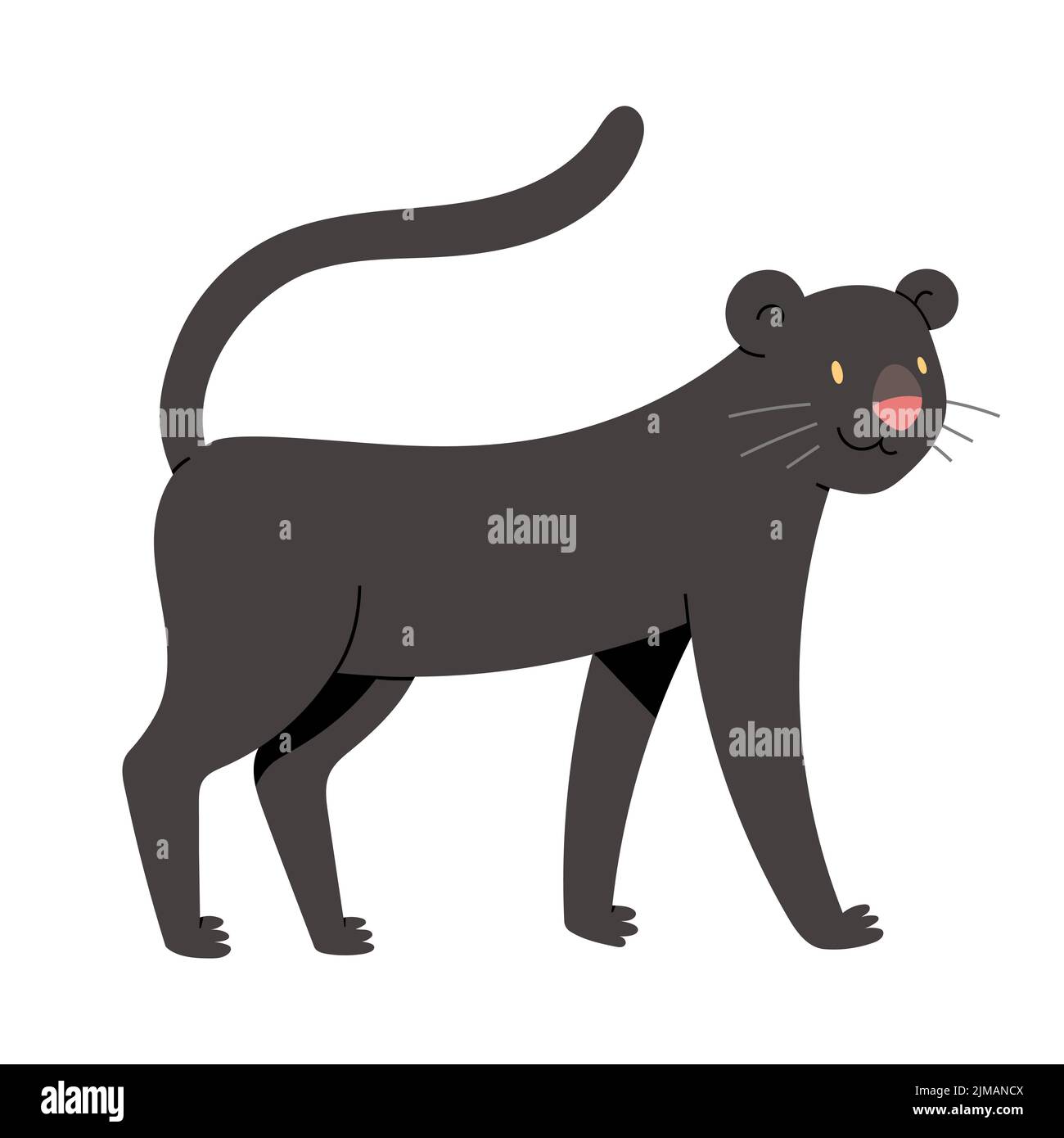 Simpatico personaggio pantera, grande illustrazione gatto, giaguaro nero con espressione del volto sorridente, felino giungla, illustrazione vettoriale isolata su bianco Illustrazione Vettoriale
