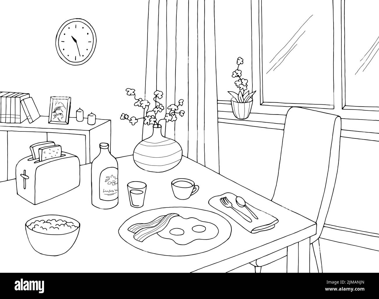 Sala da pranzo prima colazione casa interno grafica bianco nero disegno illustrazione vettore Illustrazione Vettoriale