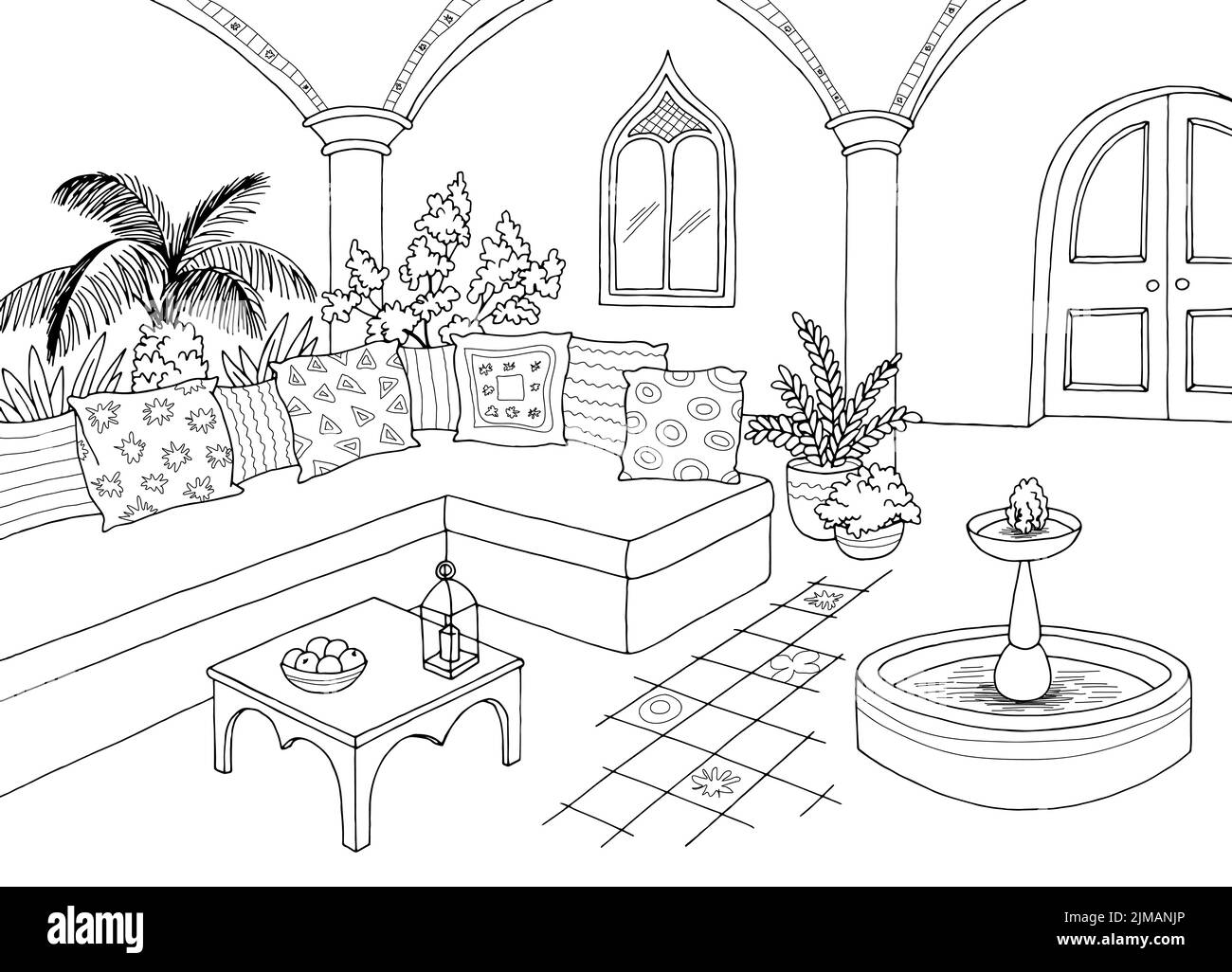 Vettore di illustrazione dello schizzo interno bianco e nero del cantiere arabo Illustrazione Vettoriale