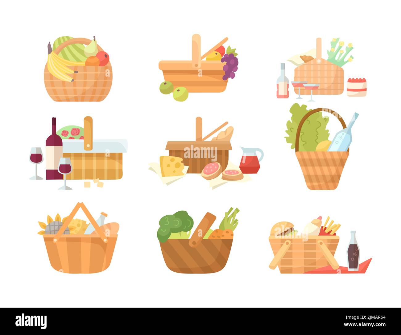 Cesti in vimini con set di illustrazioni cartoni animati. Vari cestini da picnic con vino, frutta, verdure, hamburger, fast food per la cena di famiglia o ro Illustrazione Vettoriale