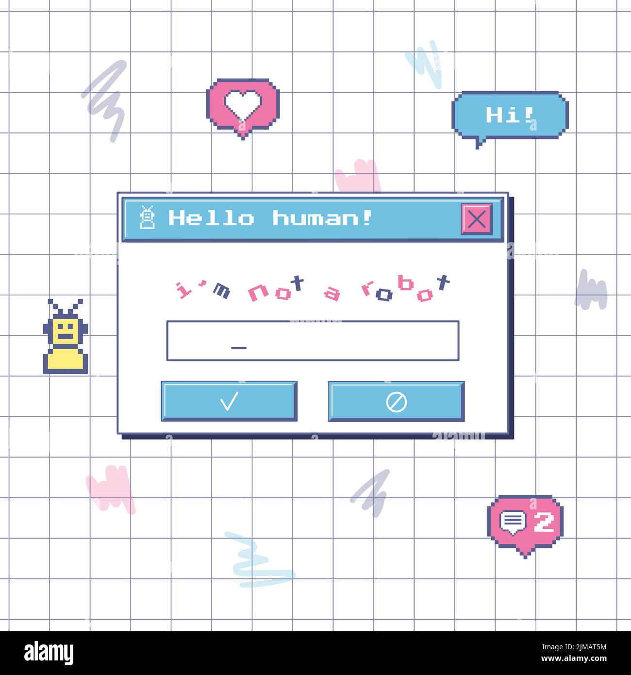 Una finestra di dialogo con un controllo del robot. Una finestra captcha in stile di un vecchio computer. Interfaccia utente nostalgica retro 90s. Adesivi pixel con icone. Vettore i Illustrazione Vettoriale