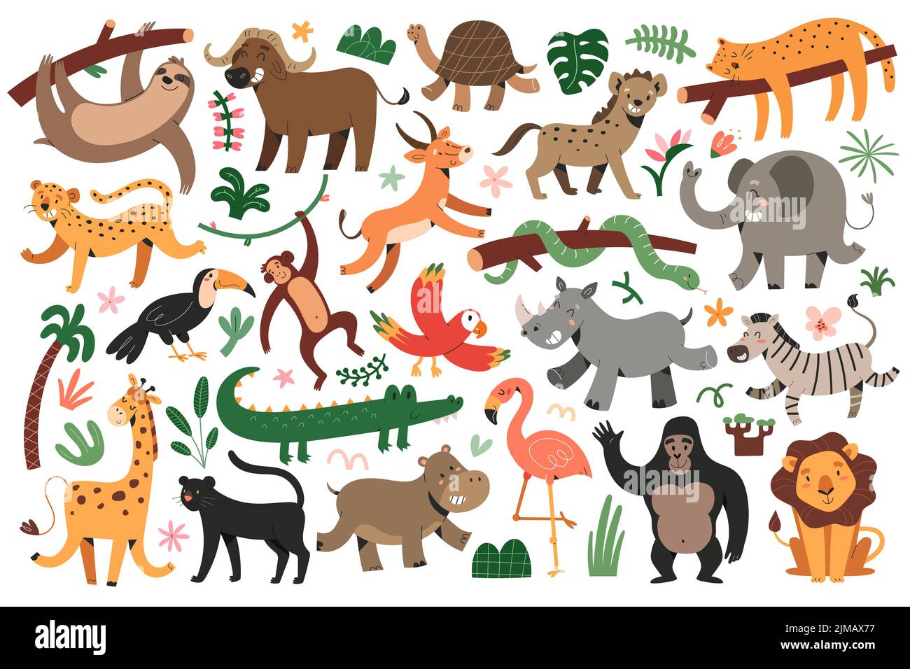 Giungla animali giungla, leopardo tropicale, felini, giraffa danzante e zebra, dormire jaguar, set di illustrazioni vettoriali, carino personaggi per Illustrazione Vettoriale