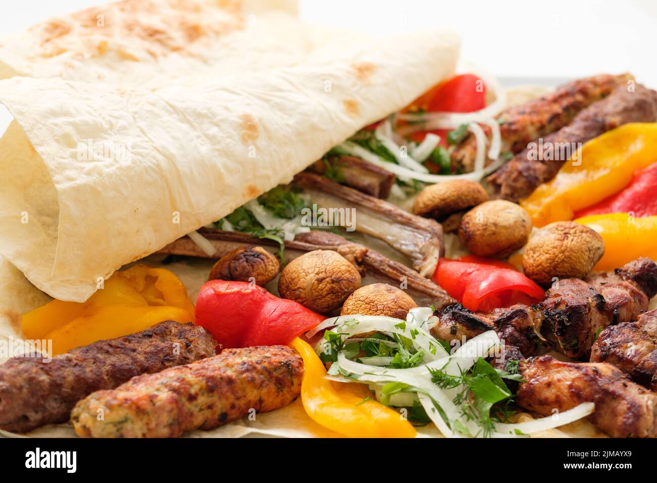 fritto cibo di base carne kebab verdure set Foto Stock