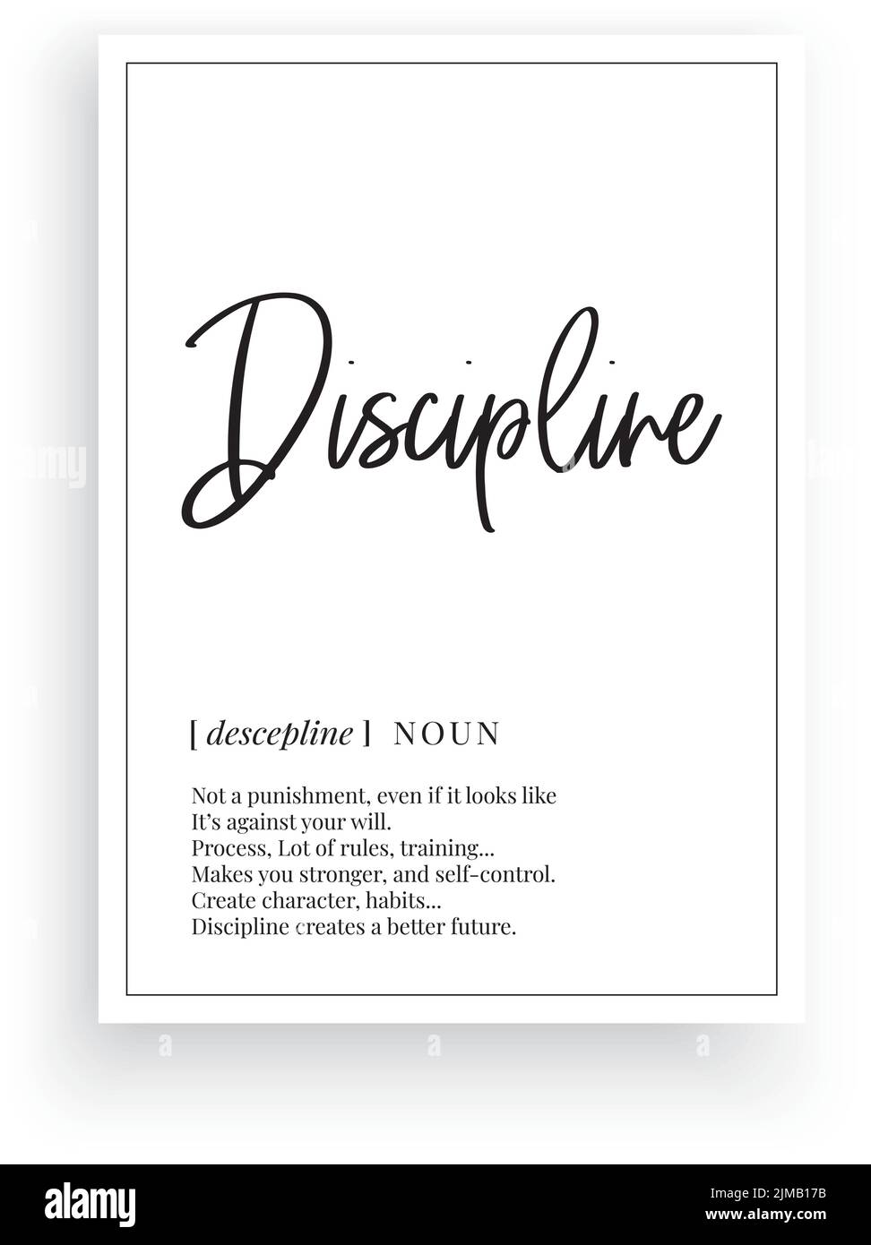 Disciplina, vettore. Design minimalista a baldacchino. Arte del muro, descrizione del sostantivo della disciplina. Wording Design isolato su sfondo bianco, lettere. Arte da parete Illustrazione Vettoriale
