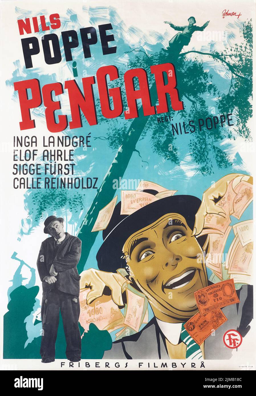 Nils Poppe i pengar - Eric Rohman artwork. Poster del film svedese Foto Stock