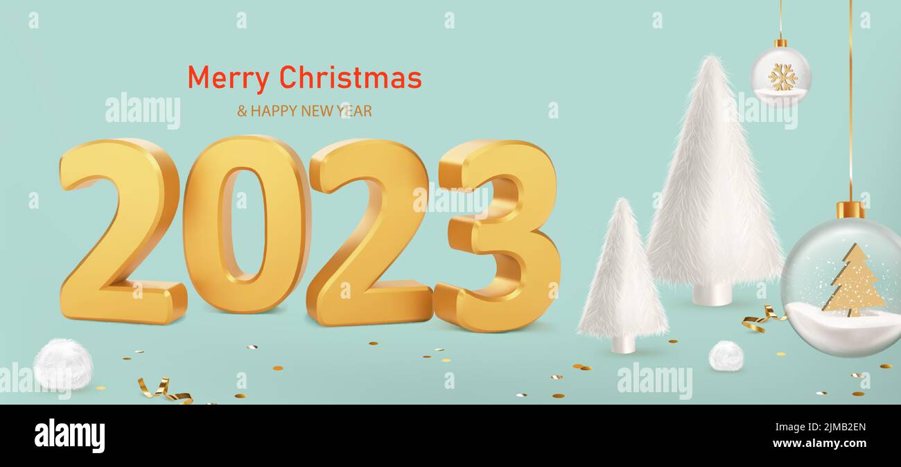 Felice anno nuovo 2023. Numeri 2023 con palle di pelliccia e alberi di Natale di pelliccia bianca su sfondo blu. Sfondo natalizio alla moda con palle di vetro, glitter go Illustrazione Vettoriale
