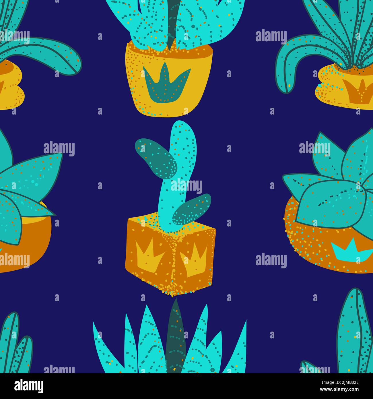Un modello senza cuciture di cactus stilizzato, scarabocchi disegnati a mano, su sfondo blu. Cactus in pentole diverse. Stile vettoriale piatto. Piante di forme diverse Illustrazione Vettoriale