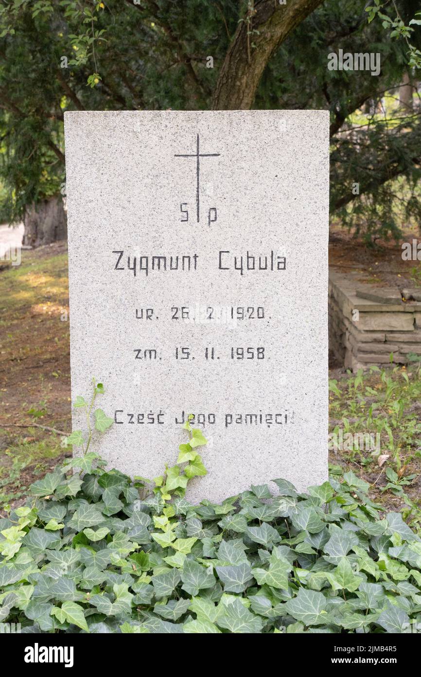 Un colpo verticale della tomba di un soldato polacco di nome Zygmunt Cybula in un cimitero della seconda guerra mondiale nel parco di Cytadela. Foto Stock